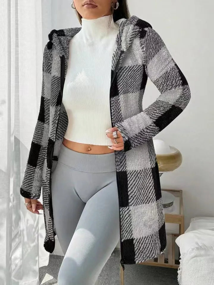 Womens Coats Winter Manteau Winter Warm Plush Pocket Coat Womens Plaid Print Hooded Long Zip Cardigan Sobretudo Feminino Inverno