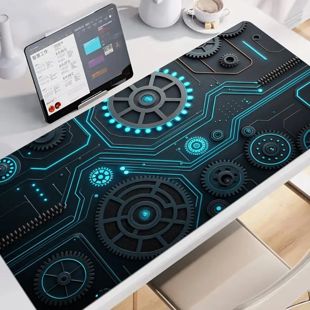 Large XXL Gaming Mouse Pad Desk Mat Keyboard Pad Cyan Circuit Gear Tech Cyberpunk Aesthetic  Mousepad For E-Sports Gamers Boys