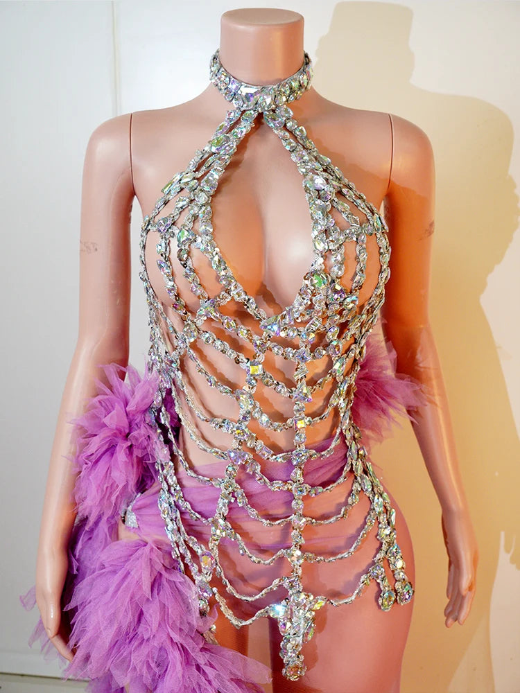 Sexy Purple Neck Hanging Spider Web 2PCS Set Gauze See-through Dress Carnival Performance Singer Dance Costume Drag Queen Stage