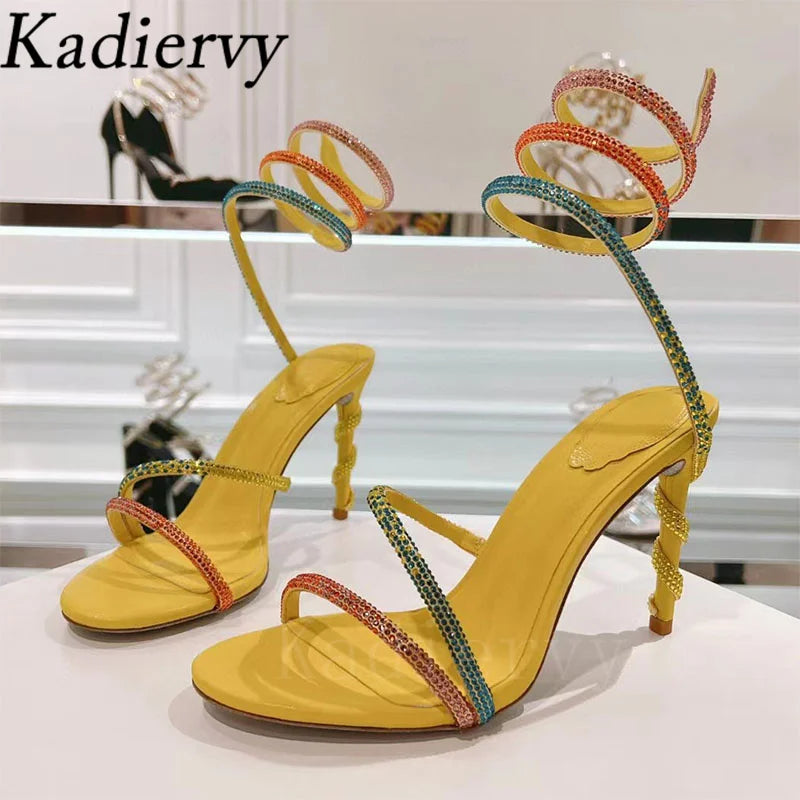 Luxury High Heels Sandals Woman Rhinestone Snake Twine Around Ankle Strap Wedding Shoes Stiletto Summer Gladiator Sandals Women
