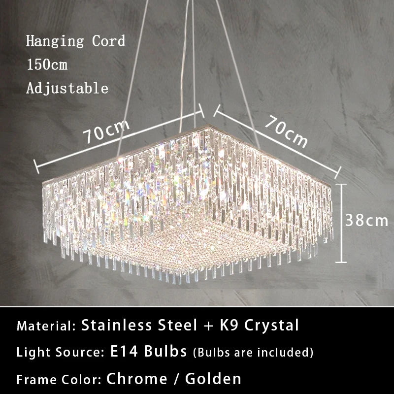 Luxury Crystal Long Pendant Lights Modern Lustres LED Chrome Hanging Lamps for Ceiling Silver Home Decor for Dining Room Remote