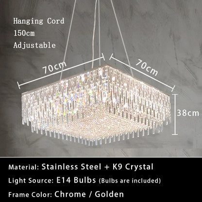 Luxury Crystal Long Pendant Lights Modern Lustres LED Chrome Hanging Lamps for Ceiling Silver Home Decor for Dining Room Remote