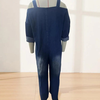 Summer Denim Jumpsuit for Women, Long Sleeve Off Shoulder Loose Bib Overall, Button Down Wide Leg Jeans Romper with Pockets