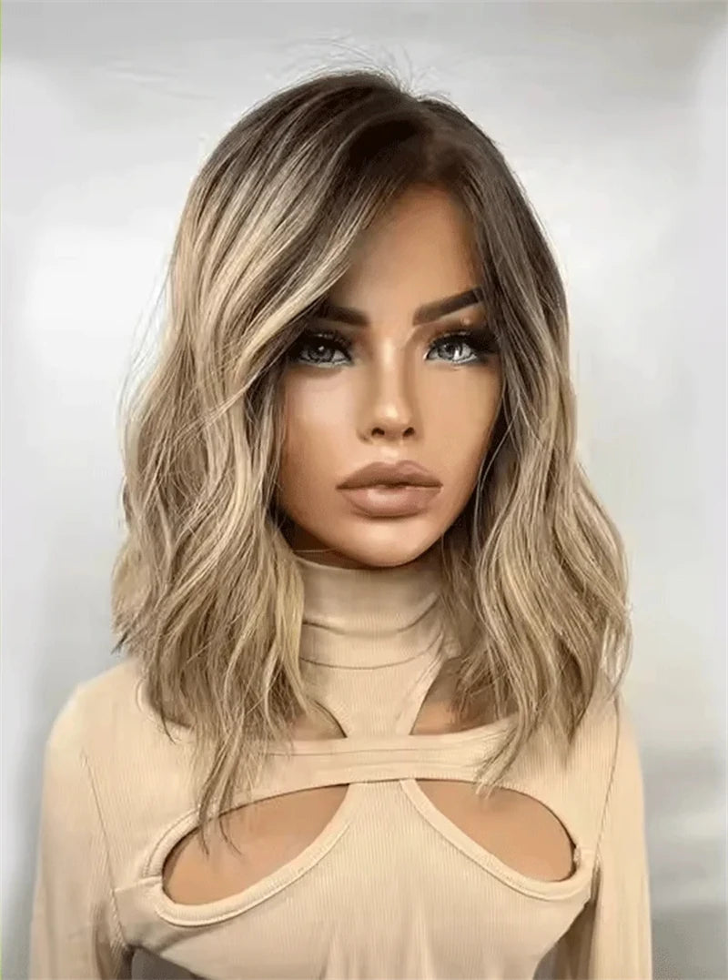 12" Short Bob Lace Front Wigs Honey Blonde Highlight Caramel Brown Synthetic Wig Bouncy Waves Brown Roots Hair-loss Cosplay Wig
