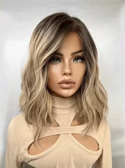 12" Short Bob Lace Front Wigs Honey Blonde Highlight Caramel Brown Synthetic Wig Bouncy Waves Brown Roots Hair-loss Cosplay Wig