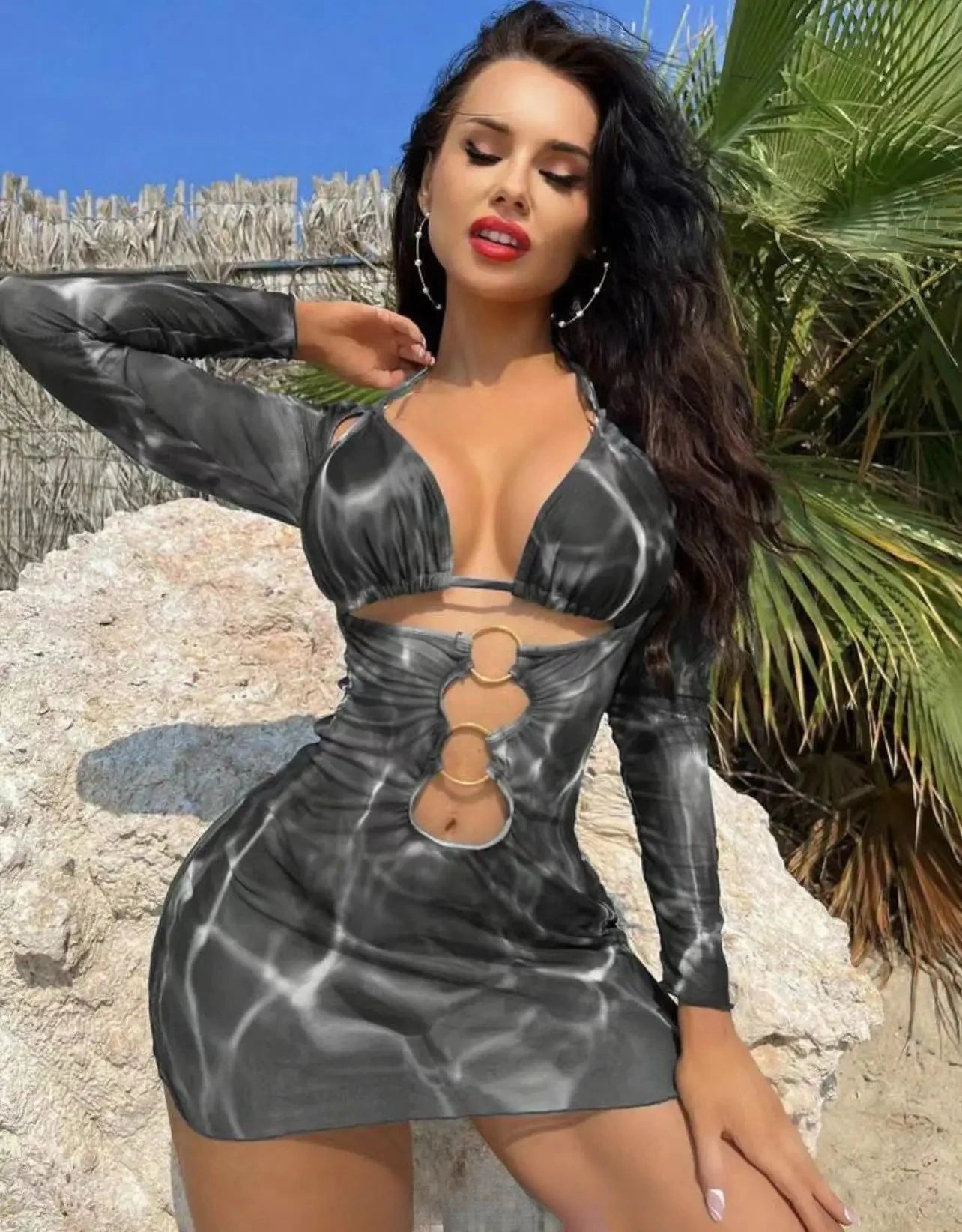 3 Piece Bikini Set Women Swimsuit Halter Cutout Metal Ring Mesh Cover Up Beach Dress Swimwear Bathing Suit