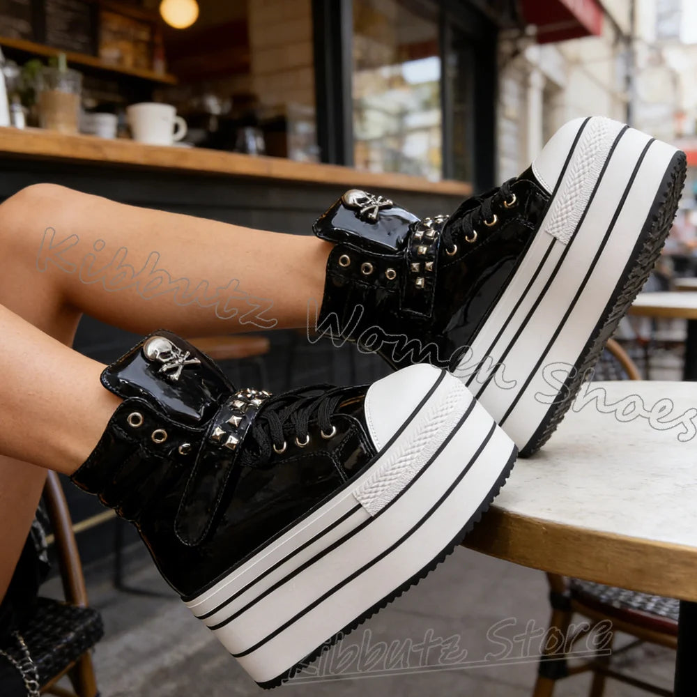Leather Sports Ankle Boots Platform Rivet Lace-Up Women Shoes Mixed Color Thick Bottom Round Toe Luxury Novelty Concise Sexy New