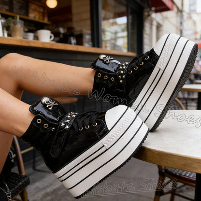 Leather Sports Ankle Boots Platform Rivet Lace-Up Women Shoes Mixed Color Thick Bottom Round Toe Luxury Novelty Concise Sexy New