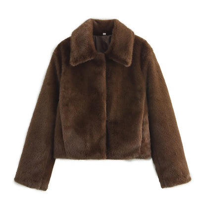HH Women Casual Brown Short Faux Fur Coat Turn-Down Collar Long Sleeve Jacket 2025 Autumn Winter Loose High Street Outwear