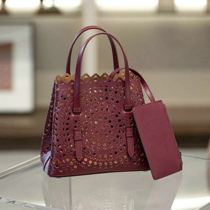 Brand Designer Luxury High Quality Mini Cowhide Shoulder Handbags 2025 Hollow Fashion Large Capacity Genuine Leather Bucket Bag