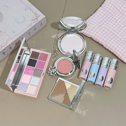 NICEKEY Makeup Kit Include 4 Matte Lipgloss,1 Face Blusher,1 Pressed Powder,1 Eyesshadow Palette,1 Contour Palette With Necklace