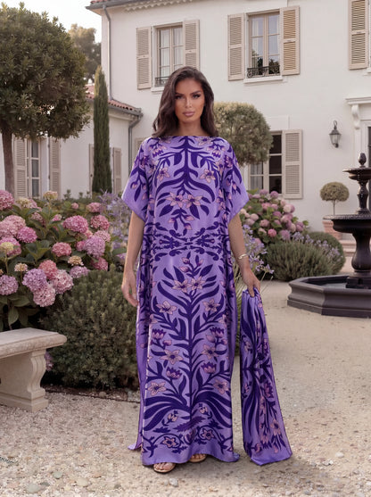 Boho Tropical Floral Leaf Print Satin Abaya Scarf Set, Loose Batwing Maxi Kaftan for Muslim Women Summer Beach Holiday Wear