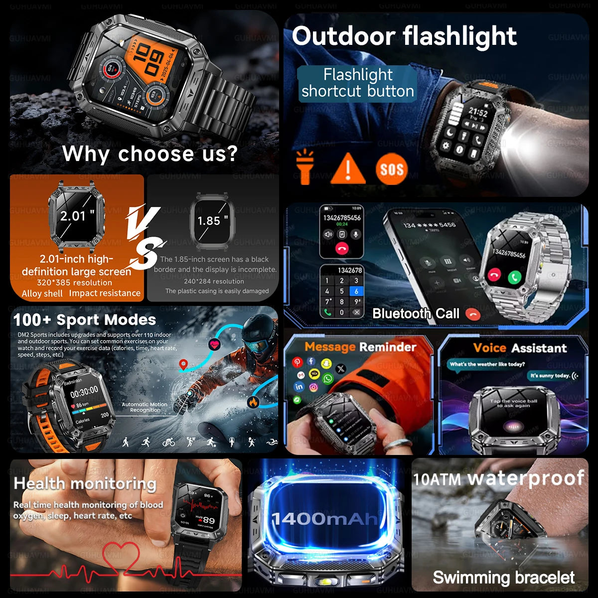 2026 New Military outdoor 1400mAh Battery SmartWatch Men Waterproof Call 2.01" HD AMOLED Sports Heart rate Flashlight Smart Band