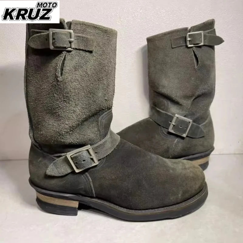 Hot Dark Green Handmade Vintage Khaki Suede Work Boots Men and Women Engineer Shoes American Retro Moto Faded Mid-Calf Boot
