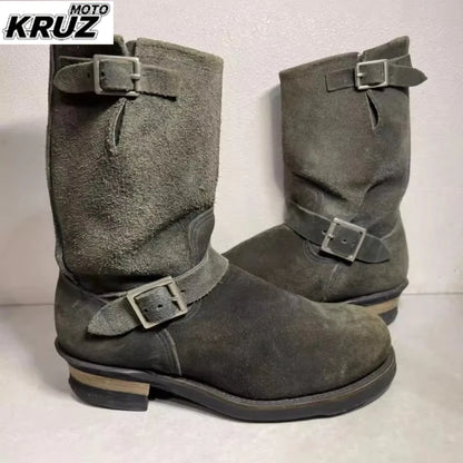 Hot Dark Green Handmade Vintage Khaki Suede Work Boots Men and Women Engineer Shoes American Retro Moto Faded Mid-Calf Boot