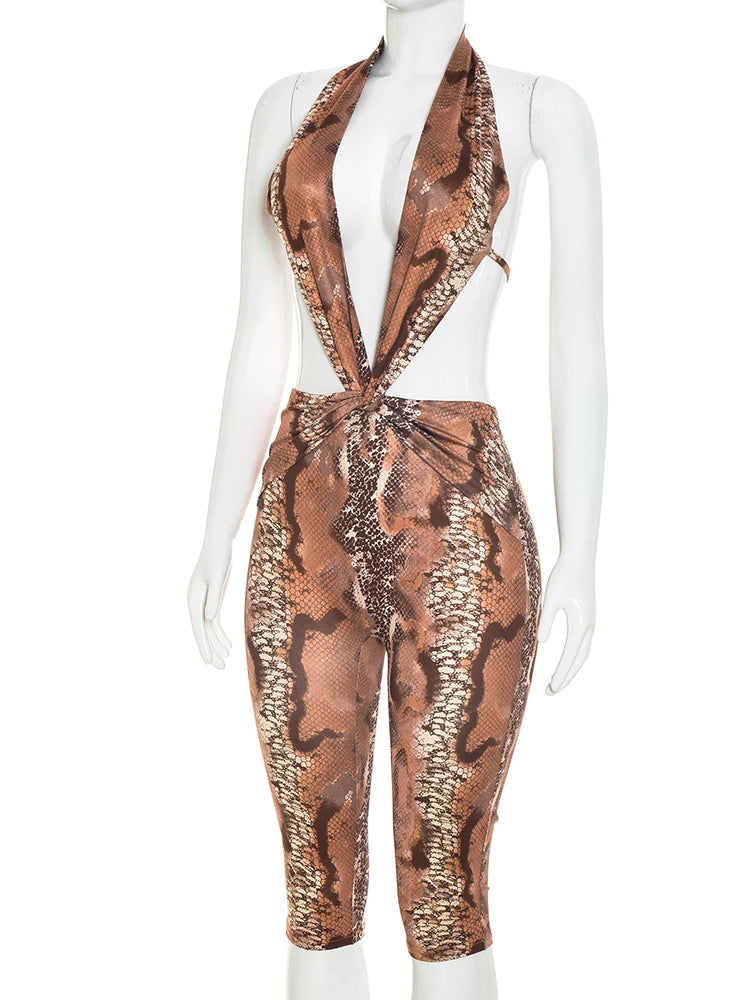 Weird Puss Sexy Backless Playsuit Woman Summer Trend Serpentine Print Halter Low-Neck Skinny Stretch Midnight Club Party Rompers