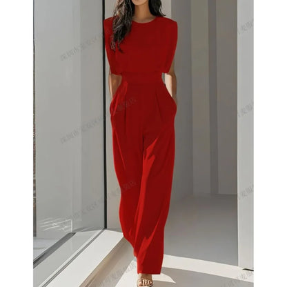 Elegant High Waisted Jumpsuit New Women's Fashion Queen Style Summer Solid Color Waistband Pocket Office Capable Jumpsuit