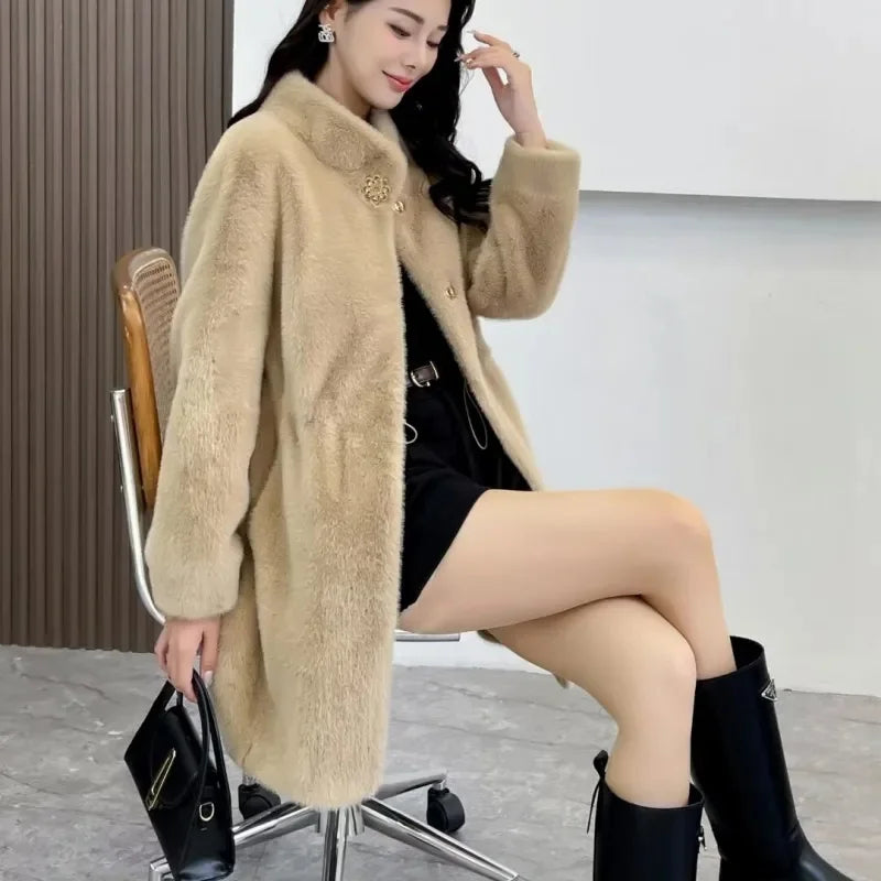 Mink Fleece Coat Medium Long Fur One Piece Coat Gold Mink Fleece Coat 2026 Winter New Standing Collar Fur Coat Solid Commuter B1