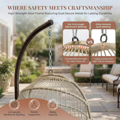 Hanging Egg Chair with Stand Indoor Outdoor, Wicker Patio Swing Seat Cushion, 350lbs Sturdy Hammock for Deck Balcony