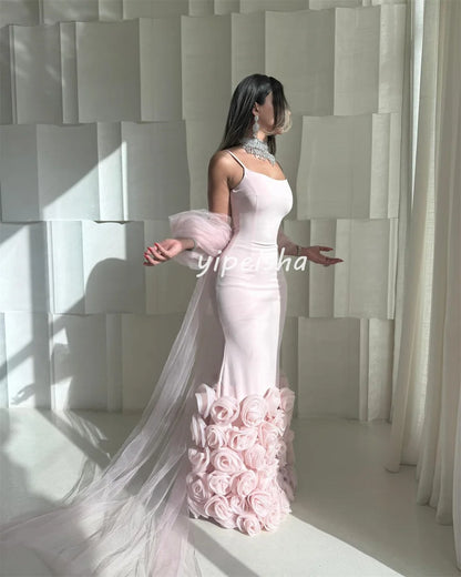 Customized Exquisite Intricate Jersey Handmade Flower Pleat Mermaid Spaghetti strap Long Dresses Bespoke Occasion Dresses Sexy