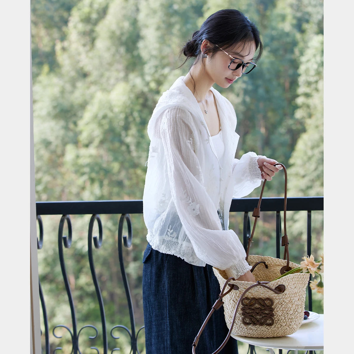 VIMLY Women's White Hooded Jacket 2026 Spring Autumn Smocked Cuff Embroidered Outerwear Casual Female Sheer Top Woman  A0796
