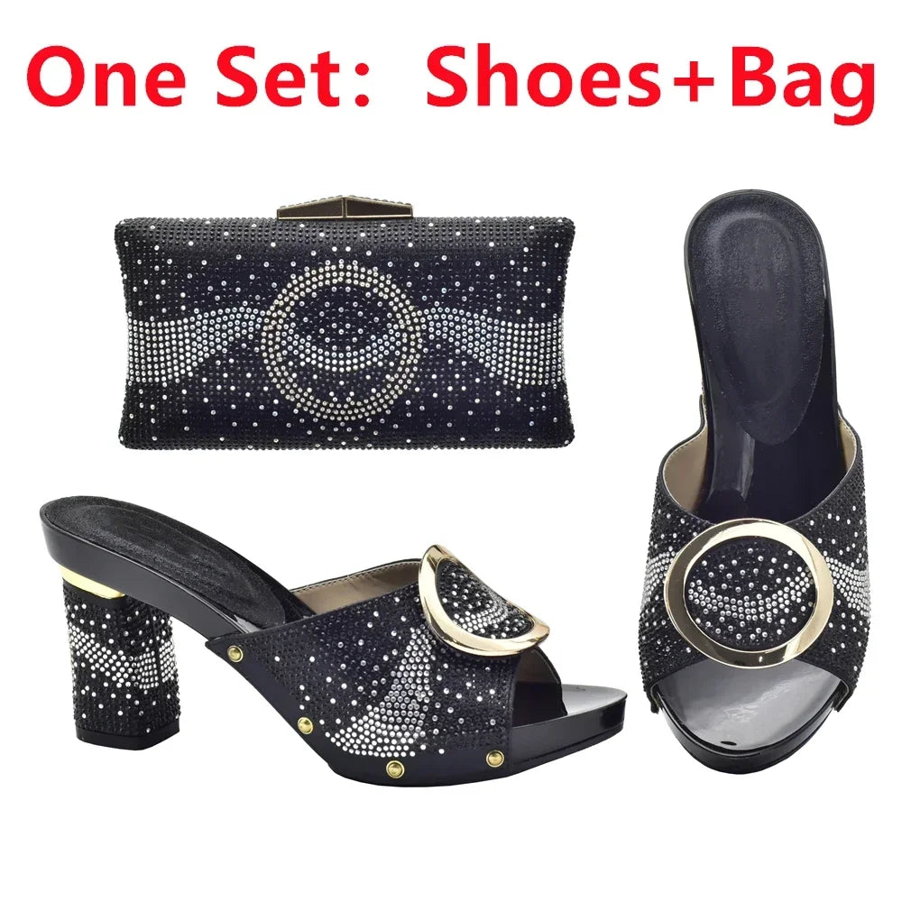 African Women Shoes and Bags Sets with Rhinestone Plus Size Heels 43 Nigerian Party Pumps Luxury Shoes Wedding Shoes Bride
