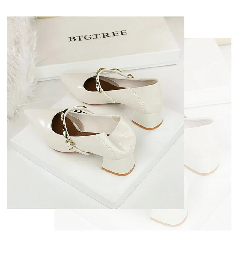 Women Korean Vintage Soft Split Cow Leather Pointed Pumps Simple Single Metal Buckle Strap Mid Chunky Heel Comfort Office Daily