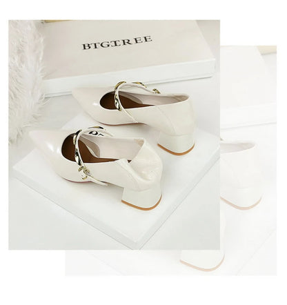 Women Korean Vintage Soft Split Cow Leather Pointed Pumps Simple Single Metal Buckle Strap Mid Chunky Heel Comfort Office Daily