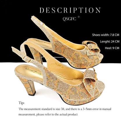 Nigeria Design Open Toe High Heels & Bag Set Gold Color Blocking Hot Rhinestones Fashion Sexy High Heels