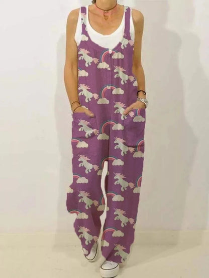 Women's Sleeveless Jumpsuit 2022 Summer Boho Floral Wide Leg Long Pants Rompers Ladies Strap Plus Size Casual Loose Bib Trousers