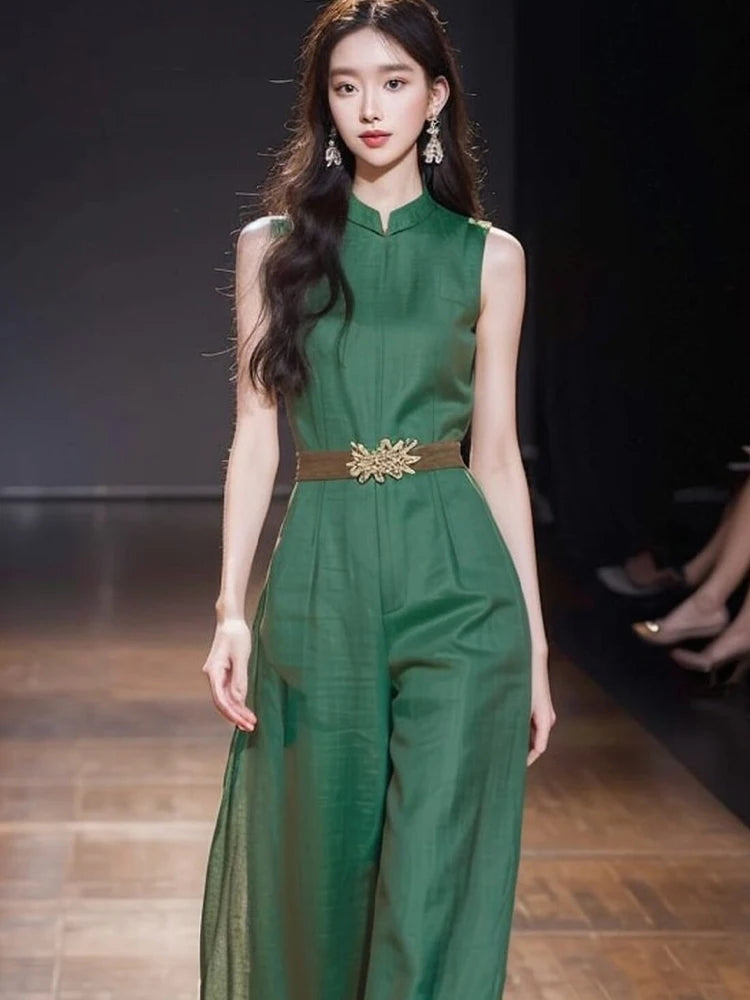 Elegant Women's O-Neck Office Ladies Romper Jumpsuit 2026 New Summer Green Sleeveless Tank High Waist Belt Wide Leg Jumpsuits