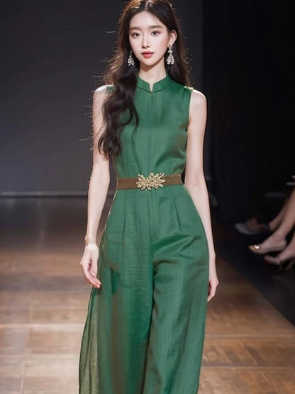 Elegant Women's O-Neck Office Ladies Romper Jumpsuit 2026 New Summer Green Sleeveless Tank High Waist Belt Wide Leg Jumpsuits