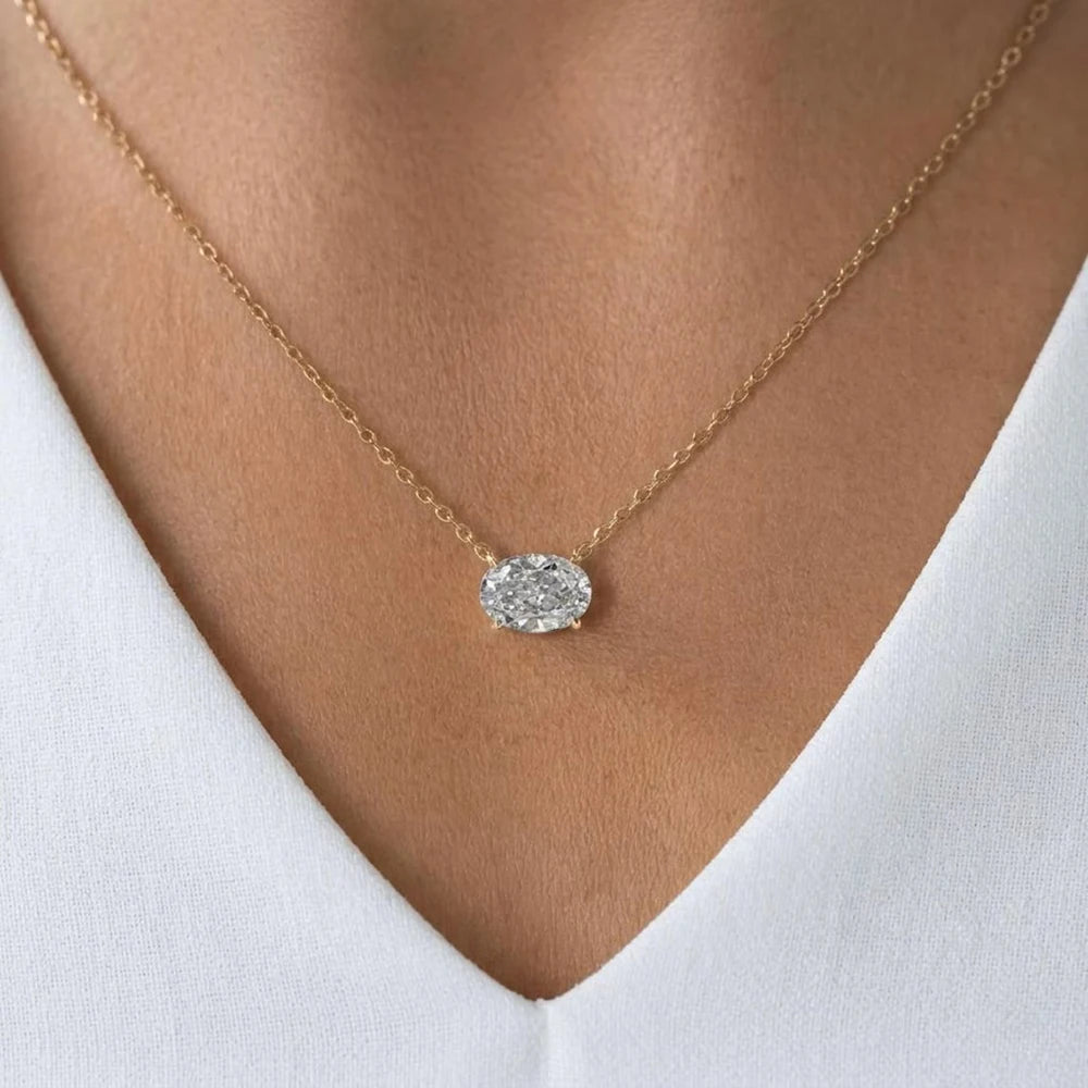 WSHUO 1/2/3carat East West Set Oval Cut Solitaire Moissanite Diamond Pendant Necklaces for Women Adjustable Stackable Neck Chain