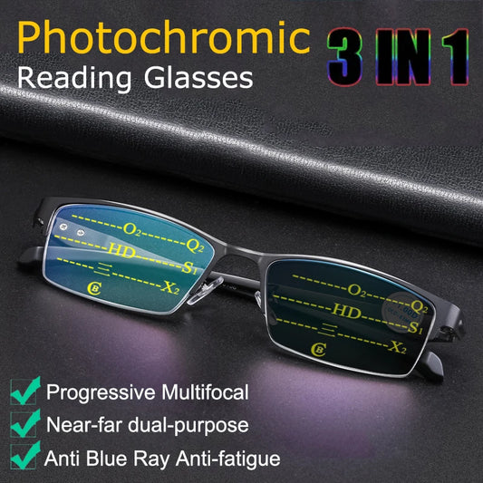 Smart Progressive Photochromic Reading Glasses Men TR90 Multi-Focus Anti Blue Ray Business Eyeglasses Fashion Half-Frame +2.5