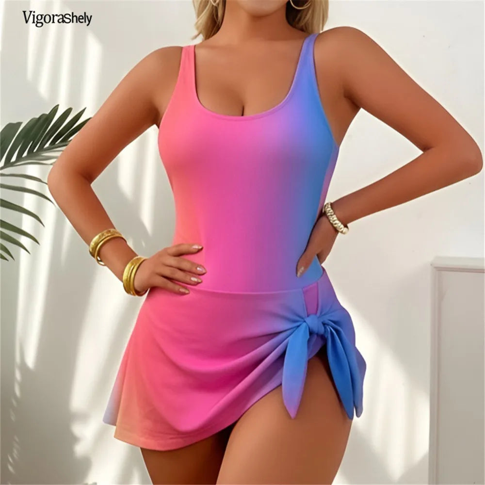 Vigoashely 2026 Summer Gradient Print Monokini Swimwear Women Tied One Piece Swimsuit Female Backless Beach Dress Bathing Suit