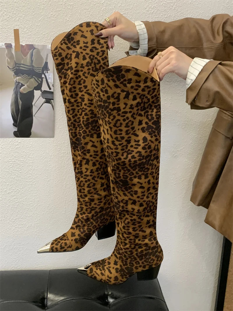 ZAROY Punk Metal Pointed Toe Knee High Boots Women Winter Retro Leopard Print Square Low Heels Pleated Western Cowboy Long Botas
