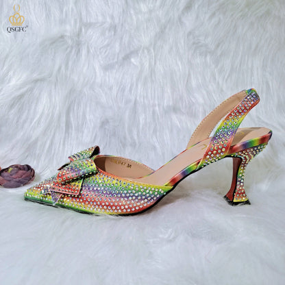 QSGFC Crystal Decoration Style Wine Glass Heel Shoes Friends Party Shoes Nigerian Fashion Peach Ladies Shoes And Bag For Party
