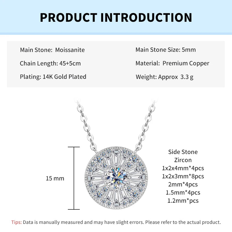 Rrjzz 5mm D-Color Mossanite Women Pendant Necklace with GRA Jewelry Gifts Lucky Disc-shaped Trapezoidal CZ Lab Diamond Necklace