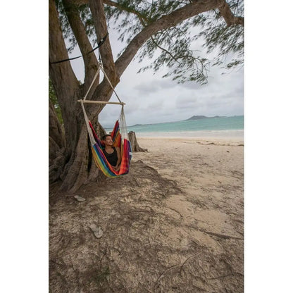 Brazilian-Made Rainbow Hammock Chair: Cotton-Polyester Blend, Suitable for Indoor and Outdoor Use, Supports Up to 240lbs