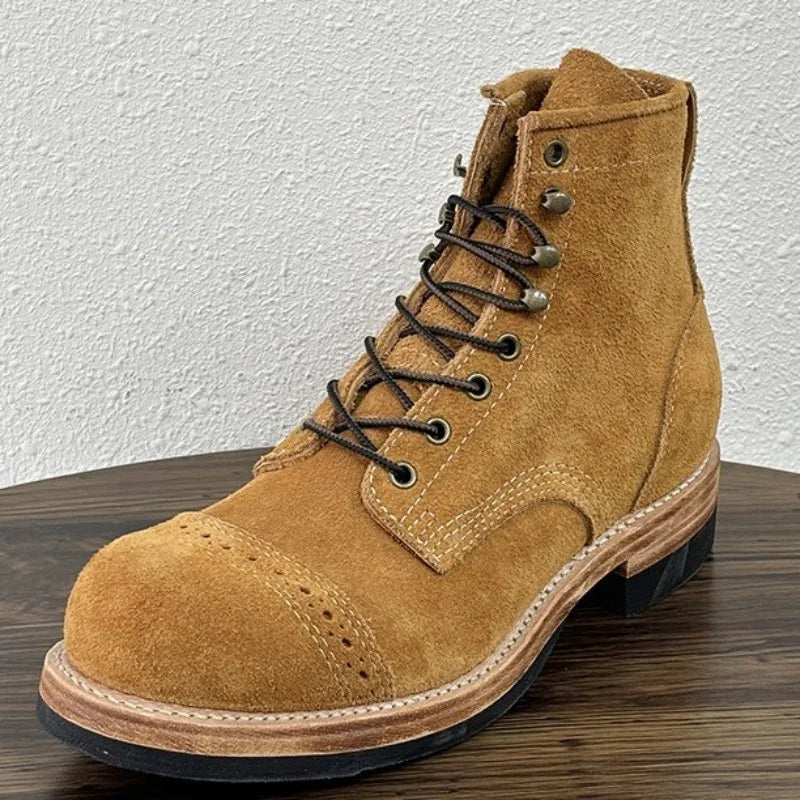 Handmade Solid Color Genuine Leather Hard-Wearing Lace-Up Ankle Boots Retro Male Cow Suede Round Toe Platform High Top Shoes