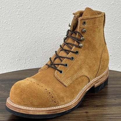 Handmade Solid Color Genuine Leather Hard-Wearing Lace-Up Ankle Boots Retro Male Cow Suede Round Toe Platform High Top Shoes