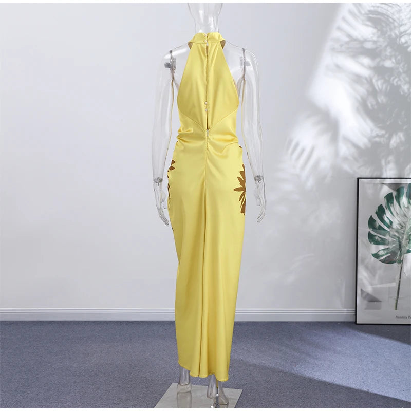 2026 Summer Printed Halter Maxi Dress Women Sleeveless Pleated Chic Satin Long Dresses Fashion Vacation Beach Party Lady Robe