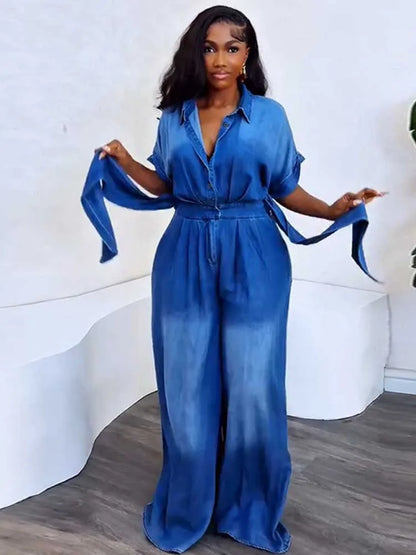 Denim Jumpsuits for Women Soft Denim Fabric One Piece Jumpsuit High Waist Blue Wide Jumpsuit with Pockets Ladies Summer Outfits