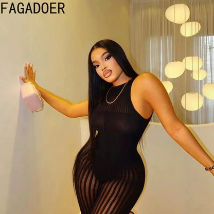 FAGADOER Sexy Mesh See Through Black Jumpsuits Hot Girl Back Hollow Out Patchwork  Bodycon Rompers Night Party Club Playsuits