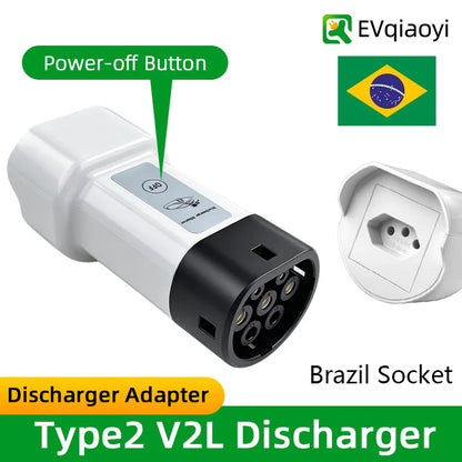 EVqiaoyi Type2 V2L Discharger with Power-Off Button 16A MG BYD Vehicle-to-Load Plug for Brazilian New Energy Vehicles