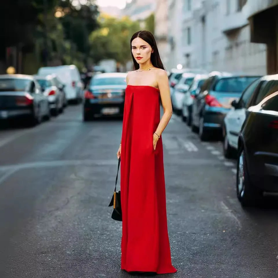 Sexy Jumpsuit Women Breast Wrap Red Summer Thin High Waist Pocket Lady Loose Elegant Wide Leg Pants Long Jumpsuits