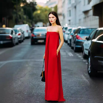Sexy Jumpsuit Women Breast Wrap Red Summer Thin High Waist Pocket Lady Loose Elegant Wide Leg Pants Long Jumpsuits