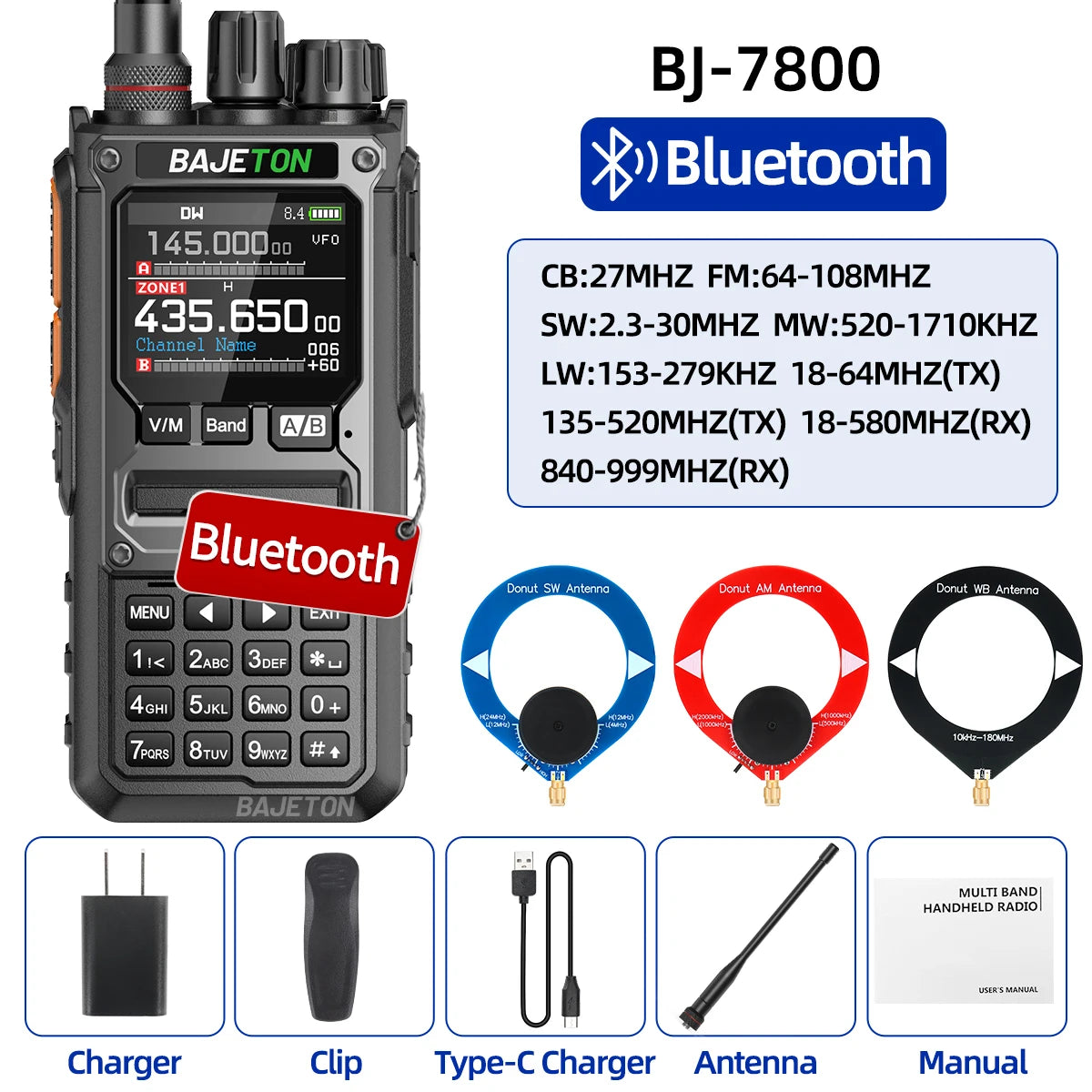 BAJETON BJ-7800 Walkie Talkie Long Range SW MW LW AM SSB CB 10W Receive Wireless Bluetooth Phone Programming NOAA Two Way Radio