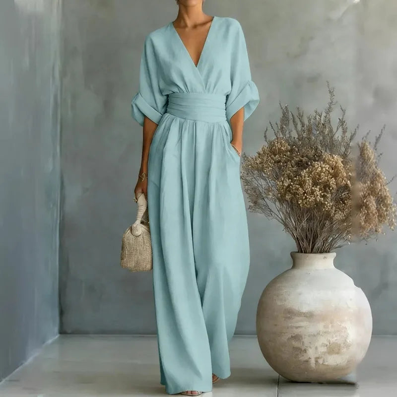 2026 Women V Neck Waist Wide Leg Jumpsuit Casual Elegant Summer One Piece