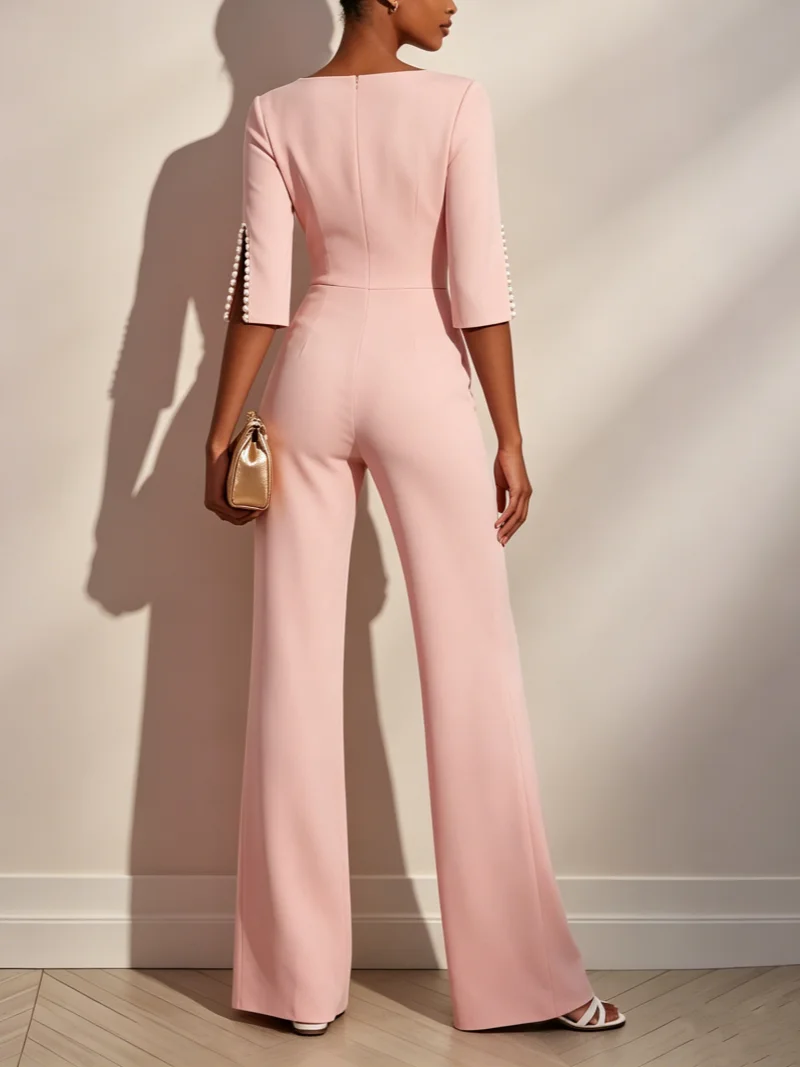 Women Round Neck Pearl Sleeve Wide Leg Jumpsuit Elegant Office Lady Fashion Spring Autumn